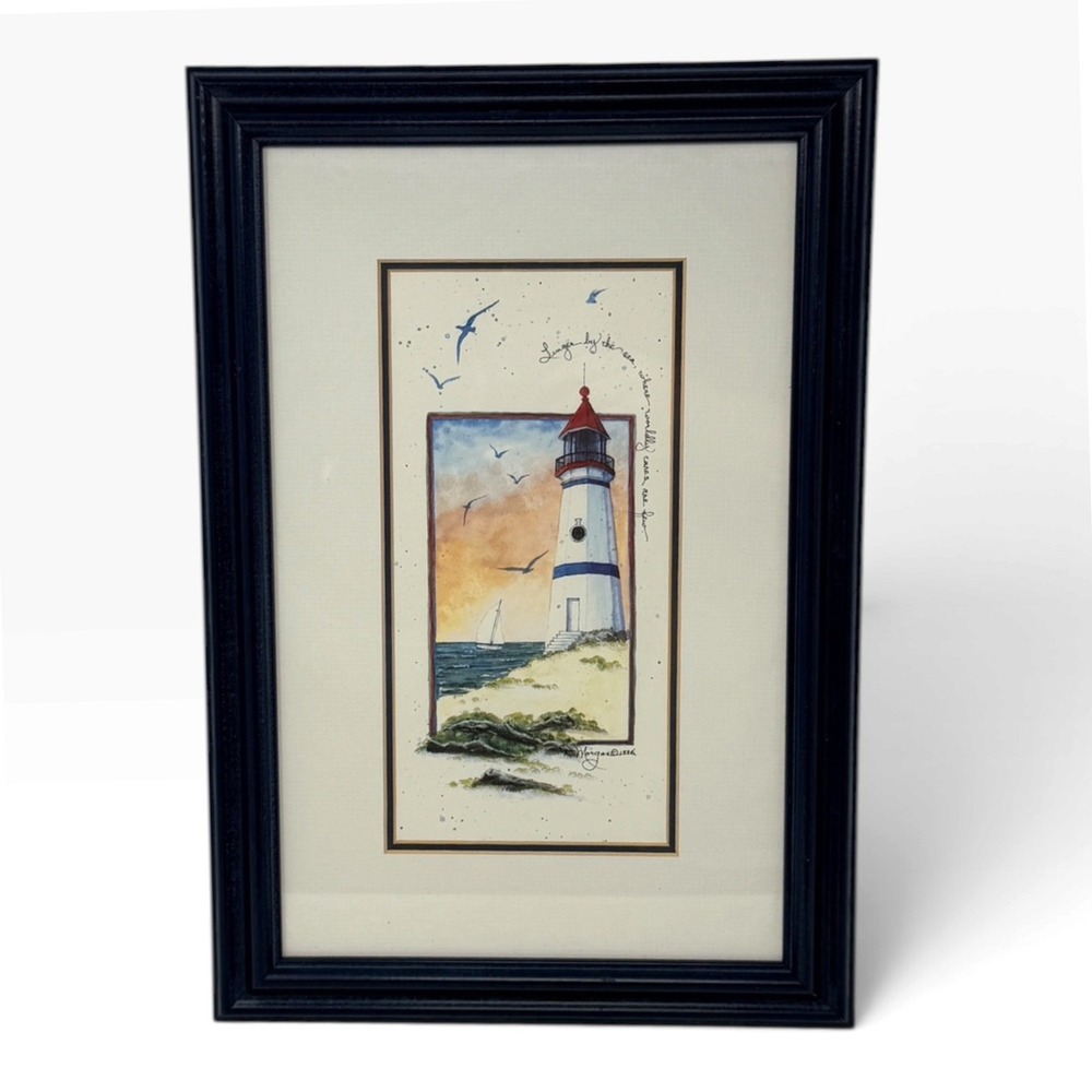 Vtg 1996 D. Morgan Lighthouse Sailboat Nautical Coastal Print Framed Matted 16"